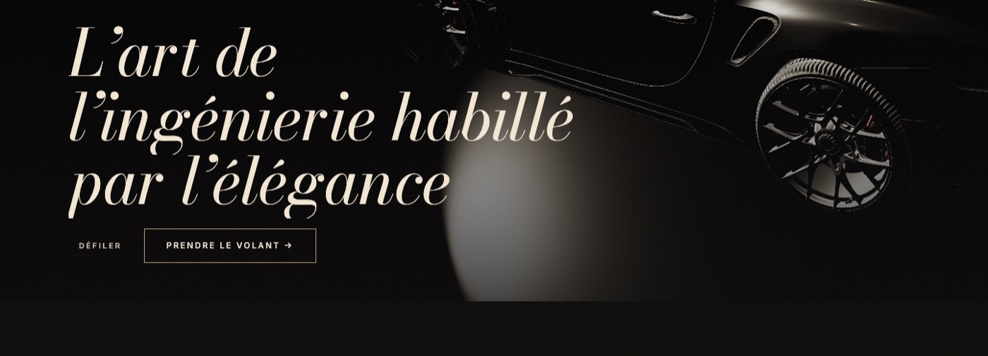 Site de Châssis Couture, haut de page : « L’art de l’ingénierie habillé par l’élégance » et la Porsche GT3 RS en 3D